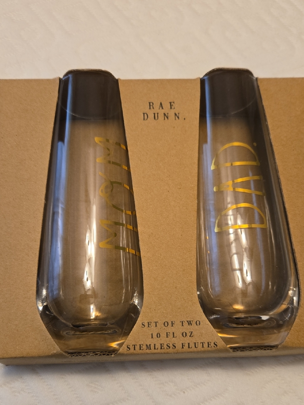 Rae Dunn Clear Glass Stemless Flutes with Gold Lettering  Mom And Dad Set of 2